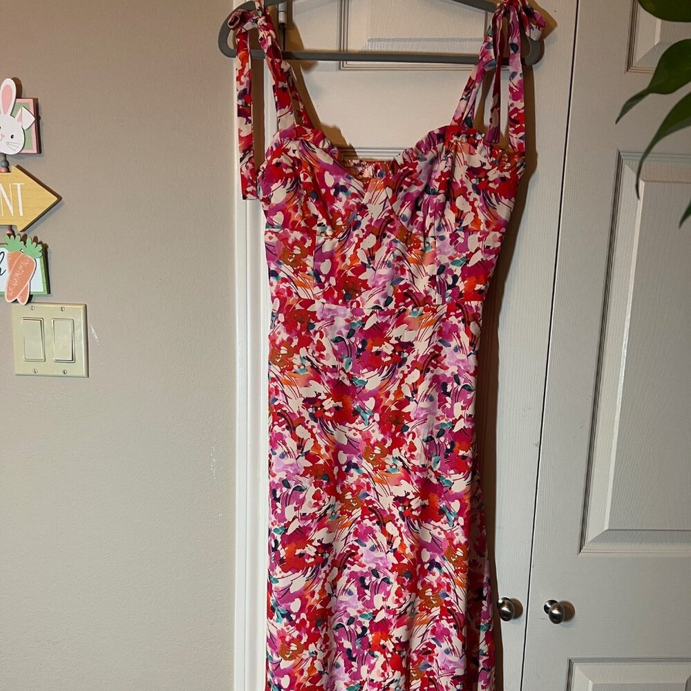 NWT Women's Colorful Floral Sleeveless Dress Tie Strap Ruffle Hem Midi - Large